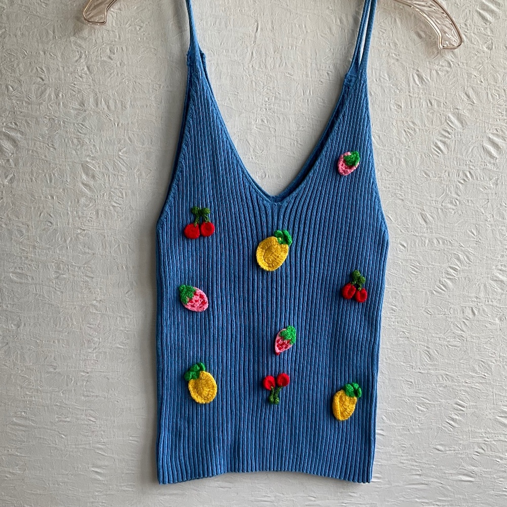 Zara Embroidered Top Fruit Ribbed Knit V-Neck Tank Cherry Strawberry Blu…